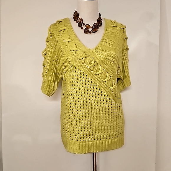 Ruby Rd. Sweaters - RUBY RD. lime yellow green chunky knit sweater Lg. tie detail